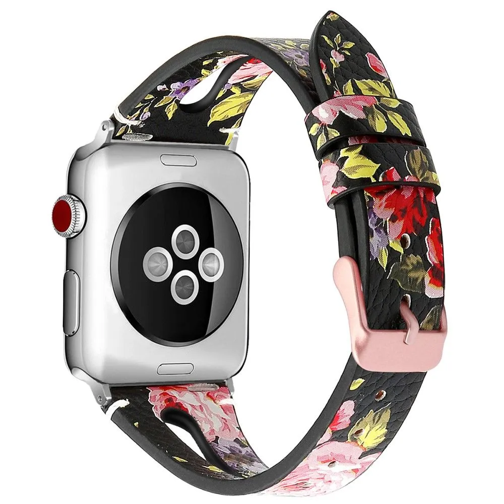 Apple Watch (45mm) top layer cowhide genuine leather watch strap - Pink Flower