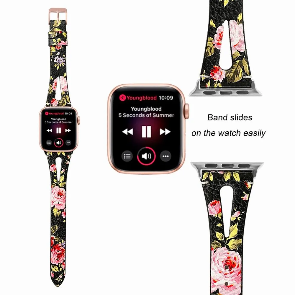 Apple Watch (45mm) top layer cowhide genuine leather watch strap - Pink Flower