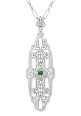 Art Deco Geometric Lozenge Filigree Emerald Pendant in Sterling Silver