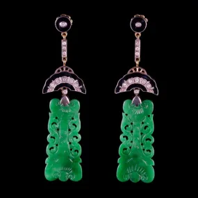 Art Deco Jade Diamond Drop Earrings 18Ct Gold Silver