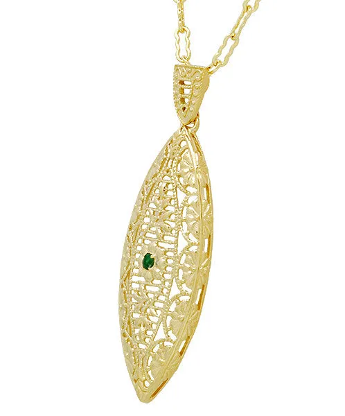 Art Deco Leaf Filigree Emerald Necklace in Yellow Gold Vermeil Over Sterling Silver