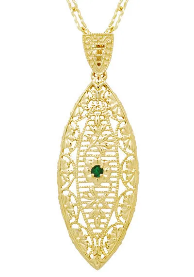 Art Deco Leaf Filigree Emerald Necklace in Yellow Gold Vermeil Over Sterling Silver