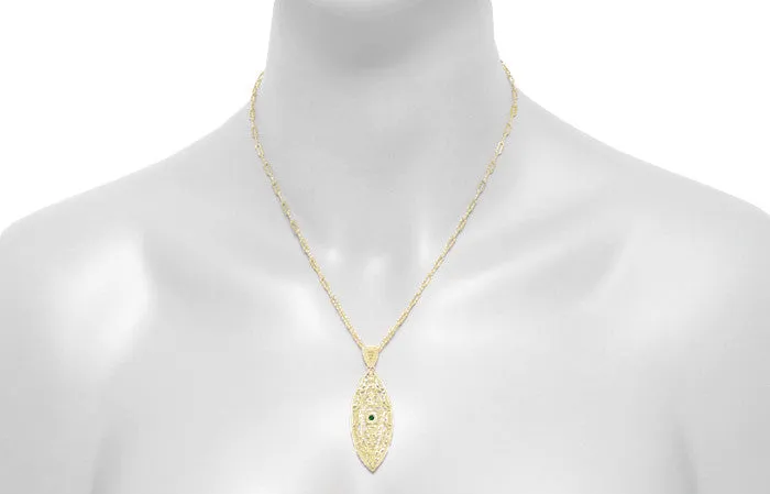 Art Deco Leaf Filigree Emerald Necklace in Yellow Gold Vermeil Over Sterling Silver