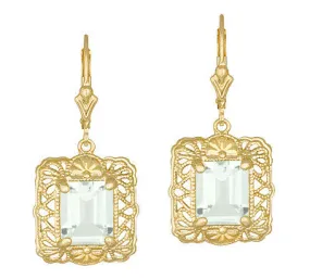 Art Deco Vintage Filigree Prasiolite Green Amethyst Drop Earrings in Sterling Silver with Yellow Gold Vermeil