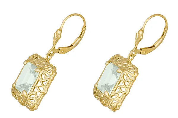 Art Deco Vintage Filigree Prasiolite Green Amethyst Drop Earrings in Sterling Silver with Yellow Gold Vermeil