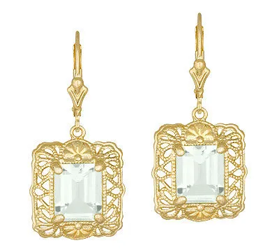 Art Deco Vintage Filigree Prasiolite Green Amethyst Drop Earrings in Sterling Silver with Yellow Gold Vermeil