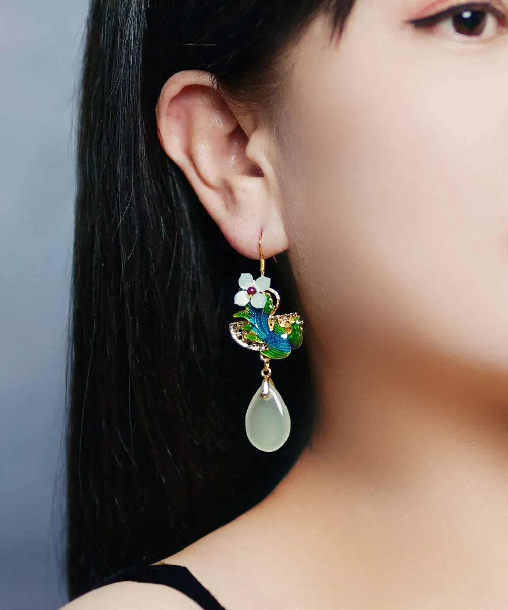 Art Light Green Jade Cloisonne Gem Stone Floral Drip Drop Earrings LY2204