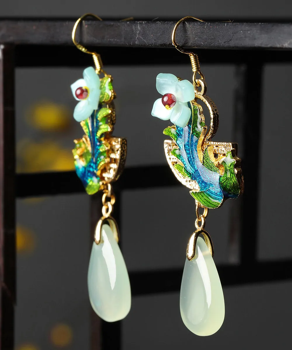 Art Light Green Jade Cloisonne Gem Stone Floral Drip Drop Earrings LY2204