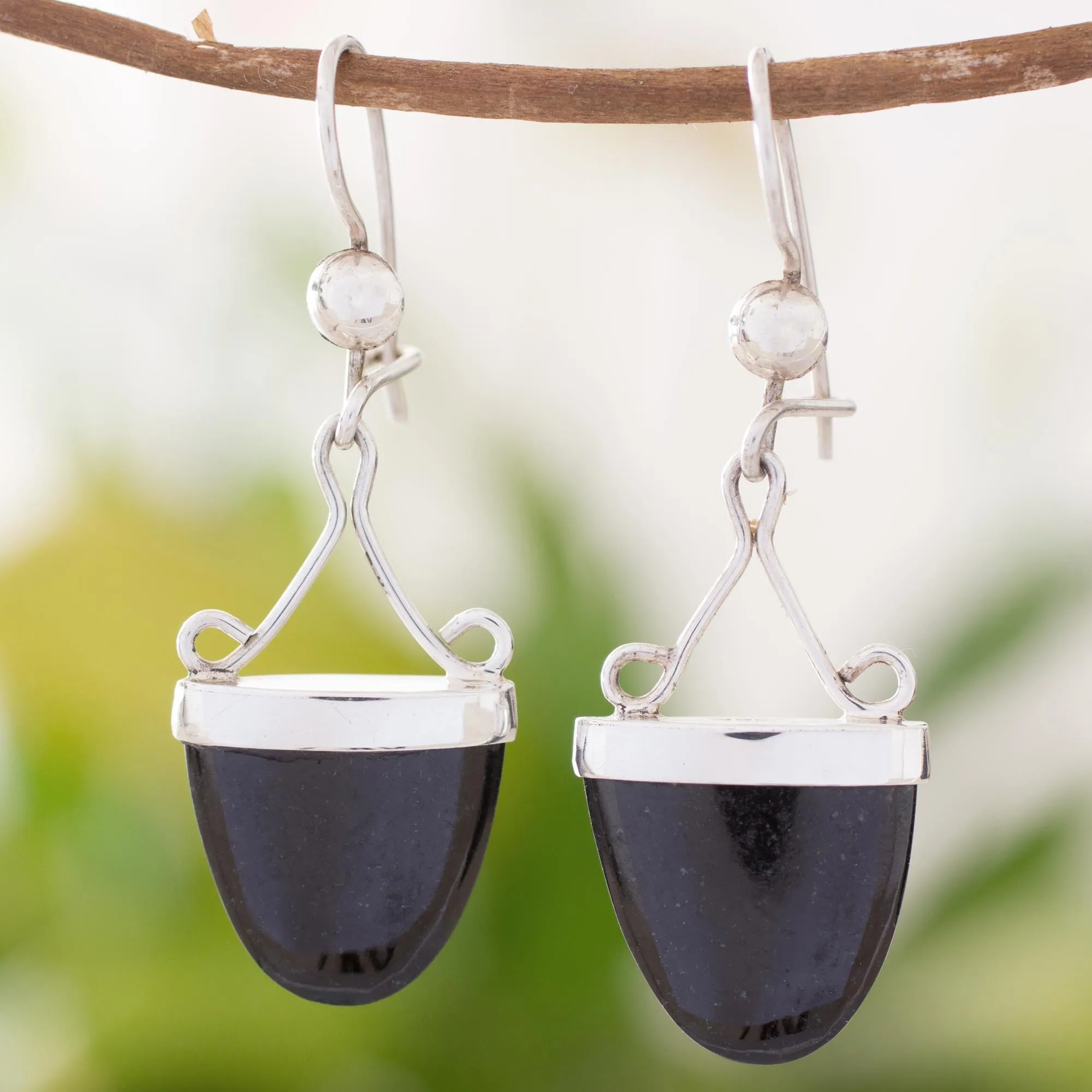 Artisan Crafted Black Jade and Sterling Silver Earrings - Power of Life | NOVICA