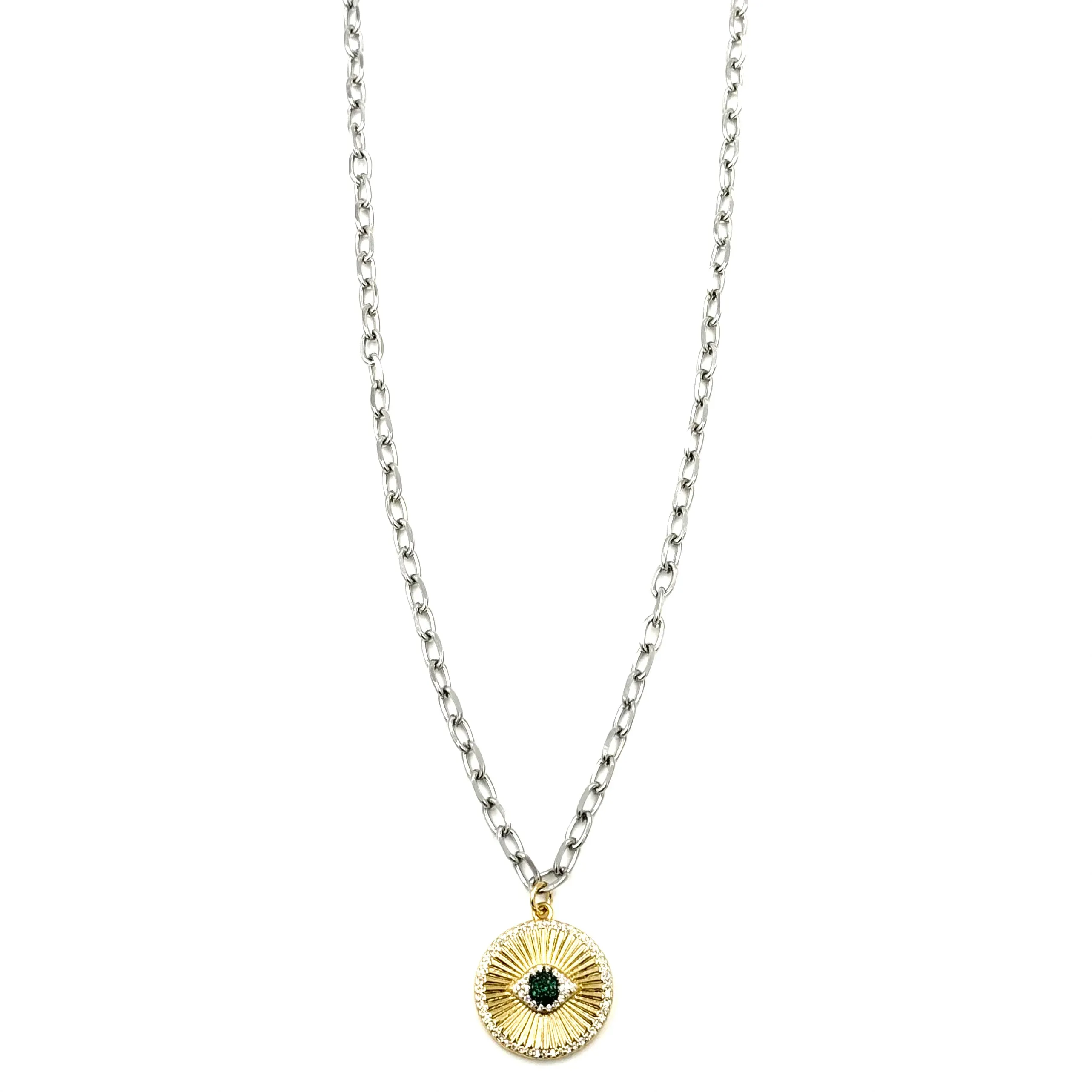 Ashley Gold Stainless Steel Gold Plated Two-Toned CZ Colored Evil Eye Pendent Necklace