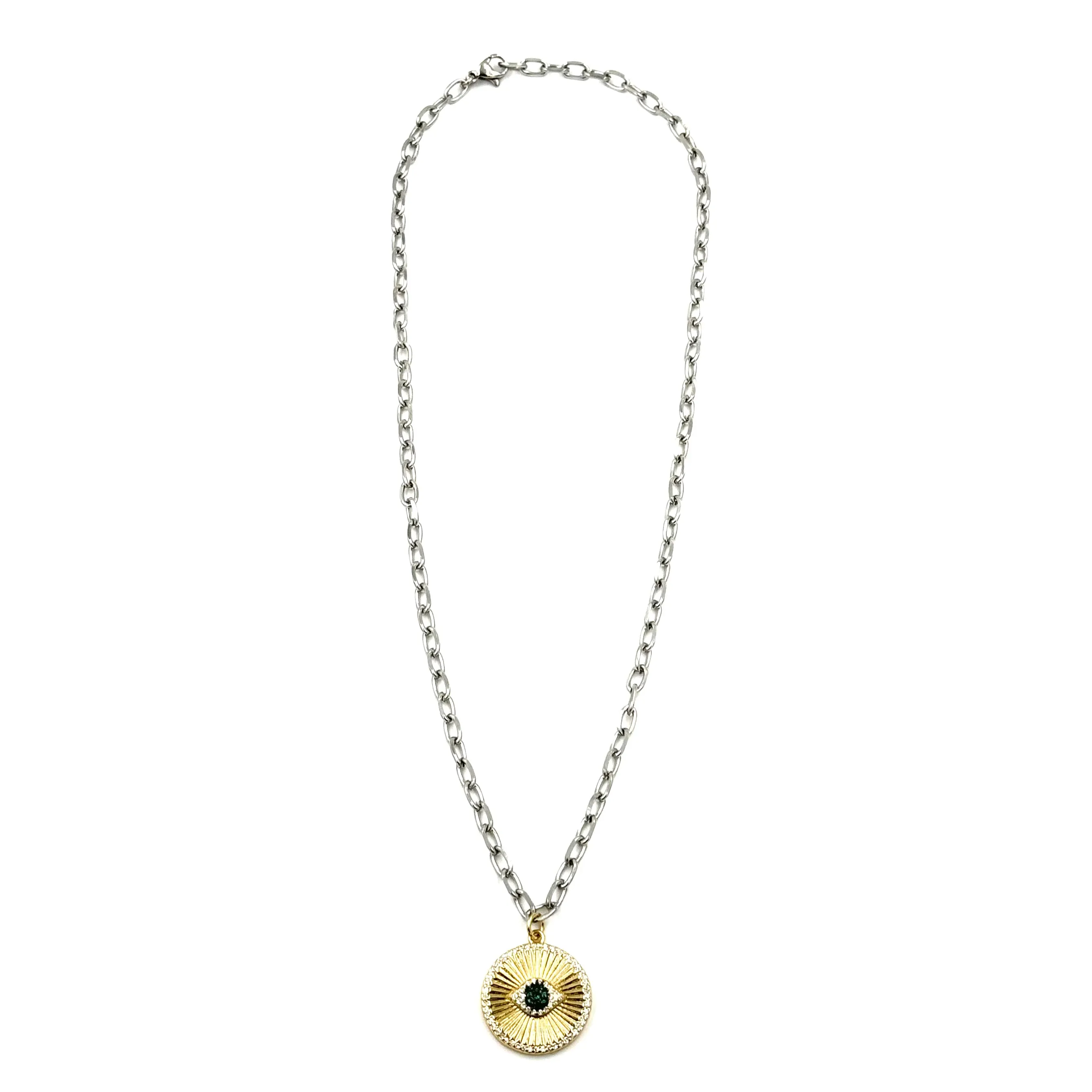 Ashley Gold Stainless Steel Gold Plated Two-Toned CZ Colored Evil Eye Pendent Necklace