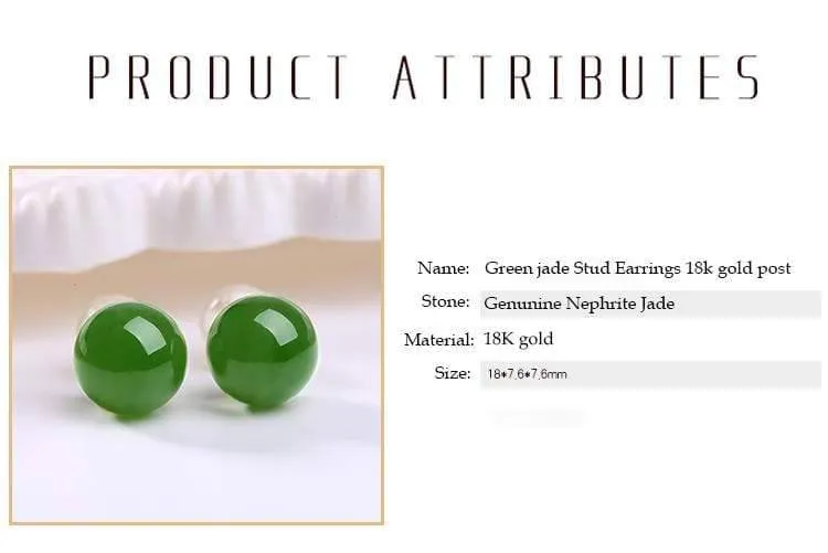 Baikalla™ "Classic Jade Stud" 18K Gold Genuine Nephrite Green Jade Beads (high quality) Earrings