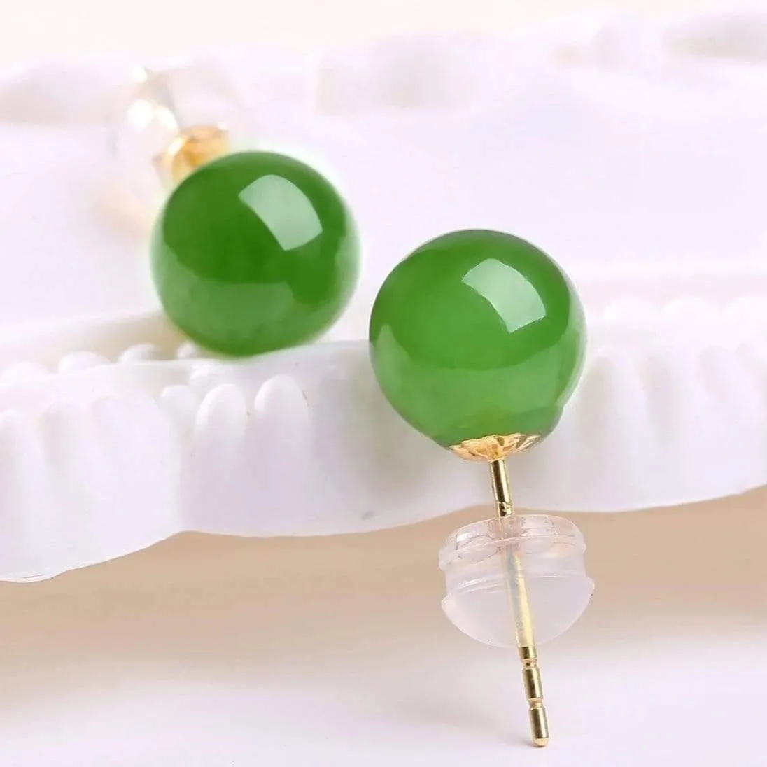 Baikalla™ "Classic Jade Stud" 18K Gold Genuine Nephrite Green Jade Beads (high quality) Earrings