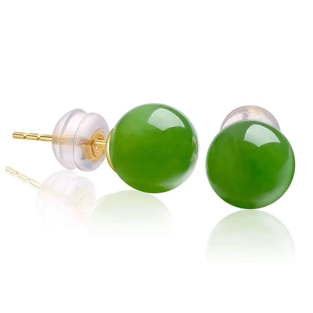 Baikalla™ "Classic Jade Stud" 18K Gold Genuine Nephrite Green Jade Beads (high quality) Earrings