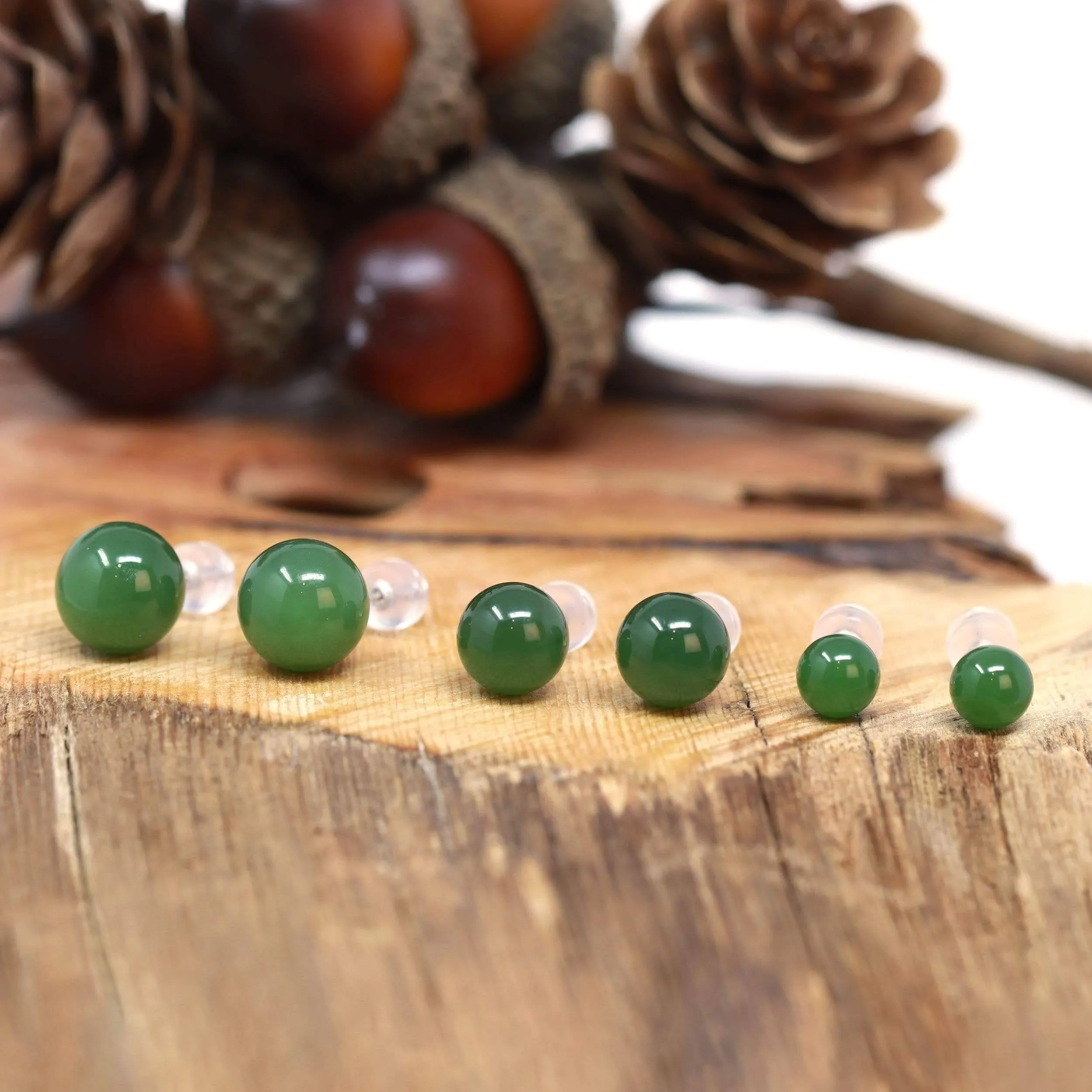 Baikalla™ "Classic Jade Stud" 18K Gold Genuine Nephrite Green Jade Beads (high quality) Earrings