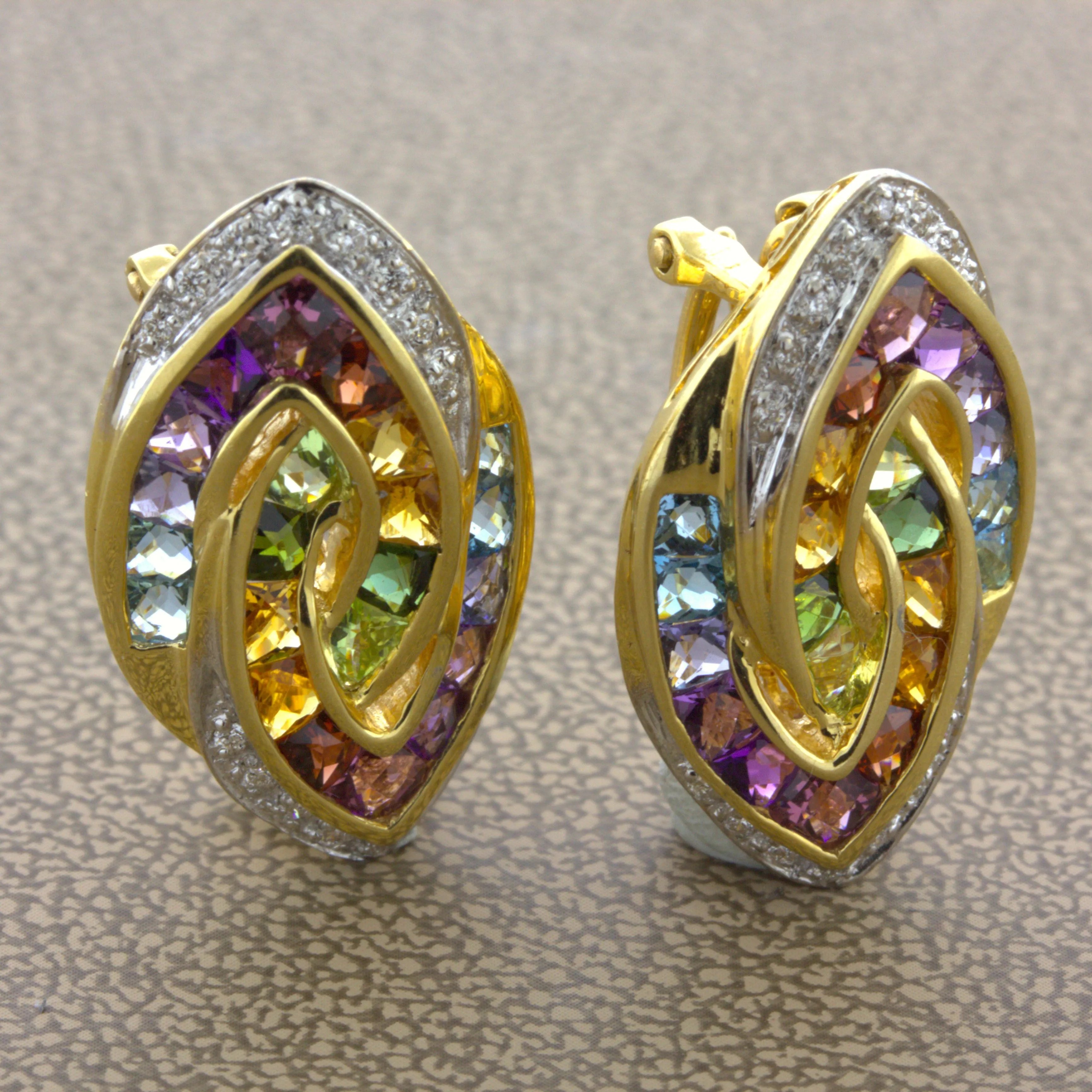 Bellarri Multi-Color Gemstone Diamond 18k Yellow Gold Earrings