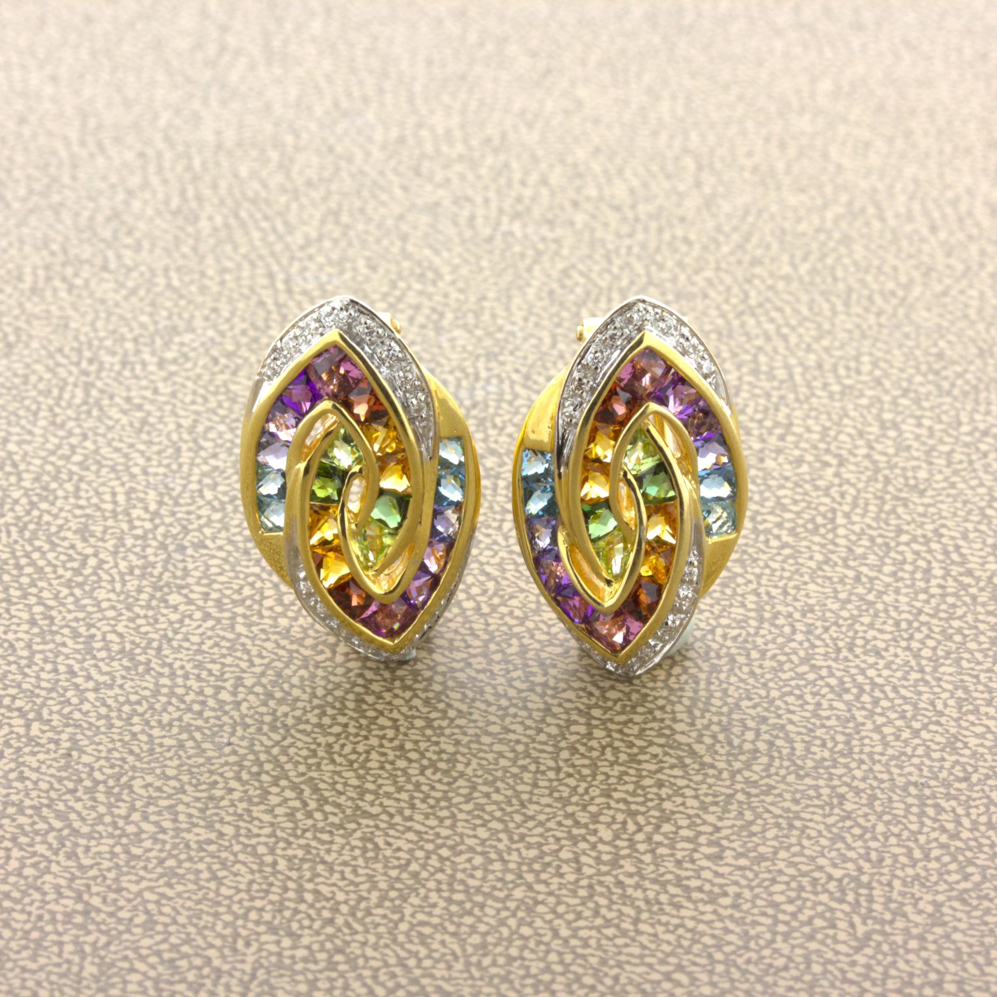 Bellarri Multi-Color Gemstone Diamond 18k Yellow Gold Earrings