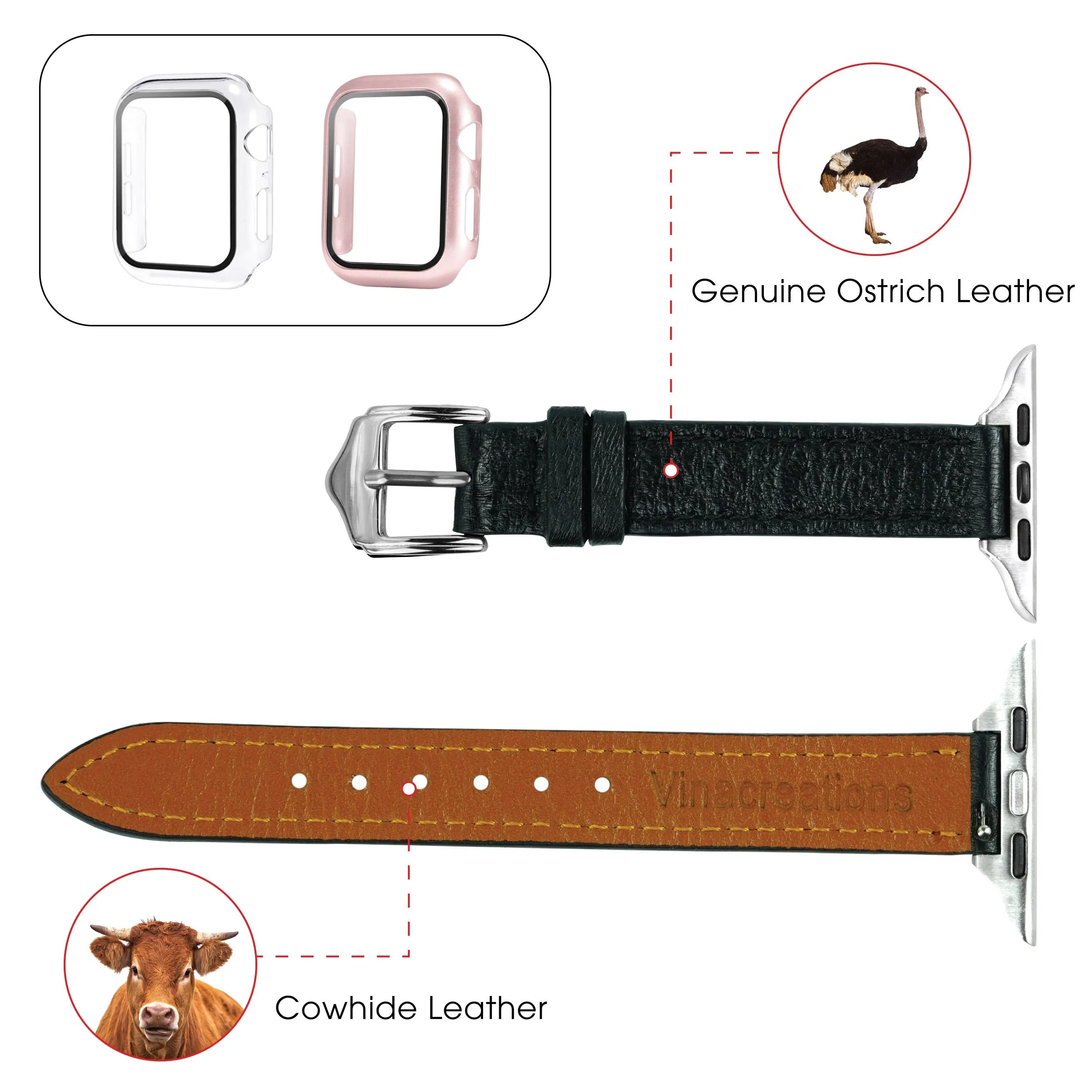 Black Flat Ostrich Leather Band Compatible Apple Watch Iwatch 45mm Screen Protector Case Silver Adapter Replacement Strap For Smartwatch Series 7 8 Leather Handmade AW-181S-W-45MM