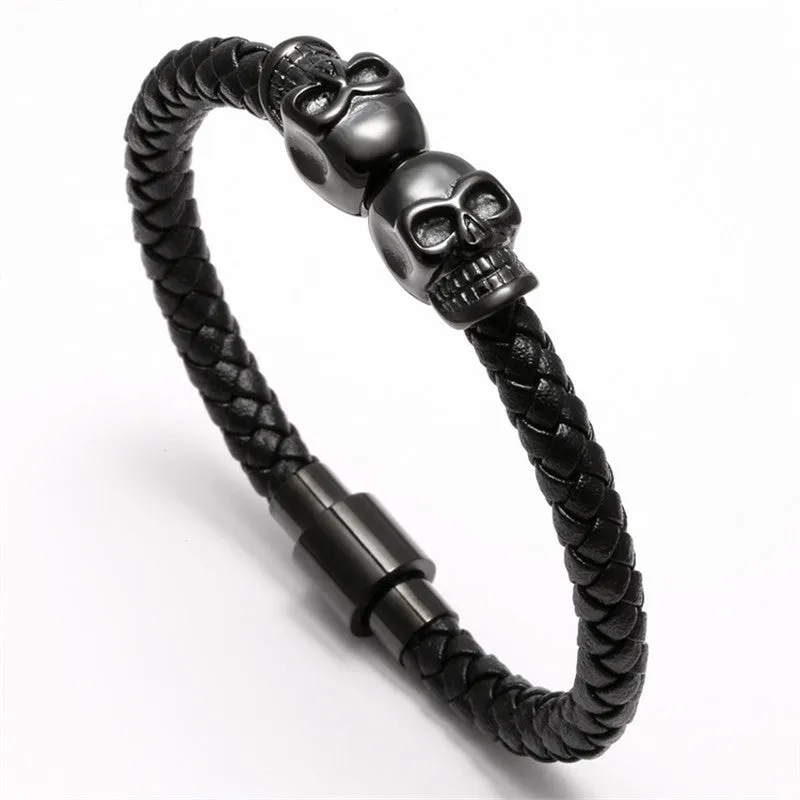 Black Genuine Leather Double Skeleton Skull Charm Bracelet For Men Gift Magnet Punk Rock Jewelry