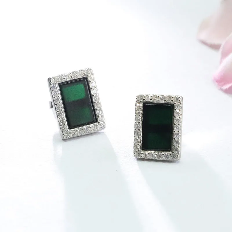 Blackish Green Jade Rectangle Dangle Earrings crafted with S925 Silver