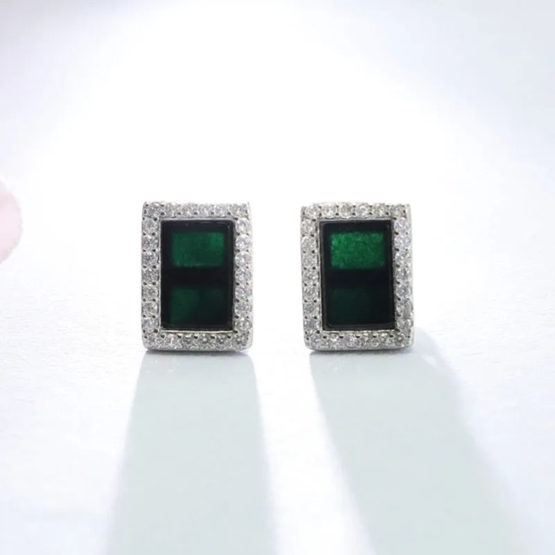 Blackish Green Jade Rectangle Dangle Earrings crafted with S925 Silver