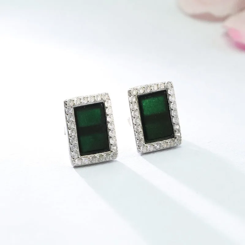 Blackish Green Jade Rectangle Dangle Earrings crafted with S925 Silver