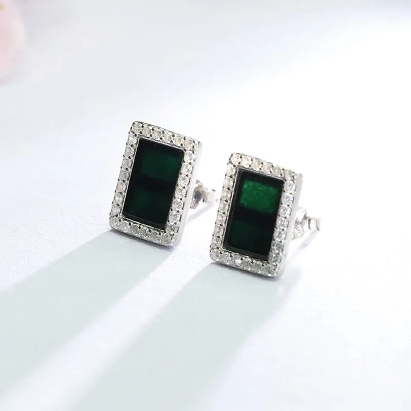 Blackish Green Jade Rectangle Dangle Earrings crafted with S925 Silver