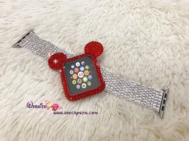 Bling Apple Watch Red Swarovski Crystal Case / Protector / Cover with a White/Black Rhinestone iWatch Band / Strap