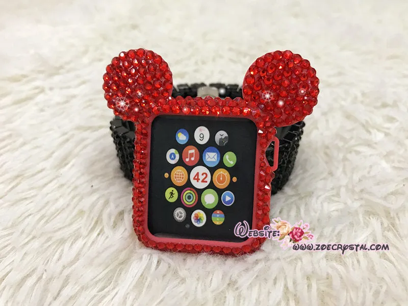 Bling Apple Watch Red Swarovski Crystal Case / Protector / Cover with a White/Black Rhinestone iWatch Band / Strap