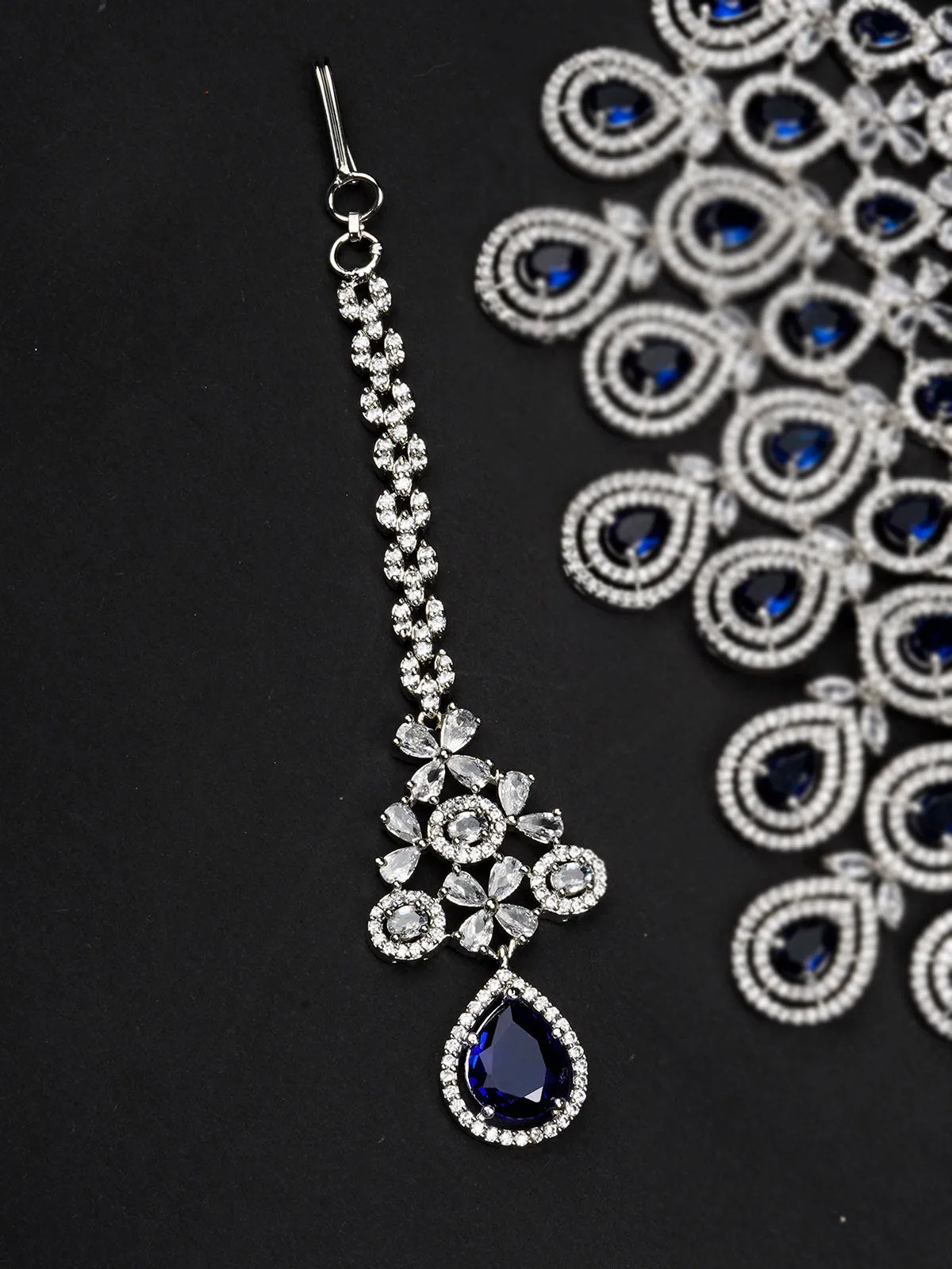 Blue Color Silver Plated Faux Diamond Bridal Necklace Set - CZSET322BL