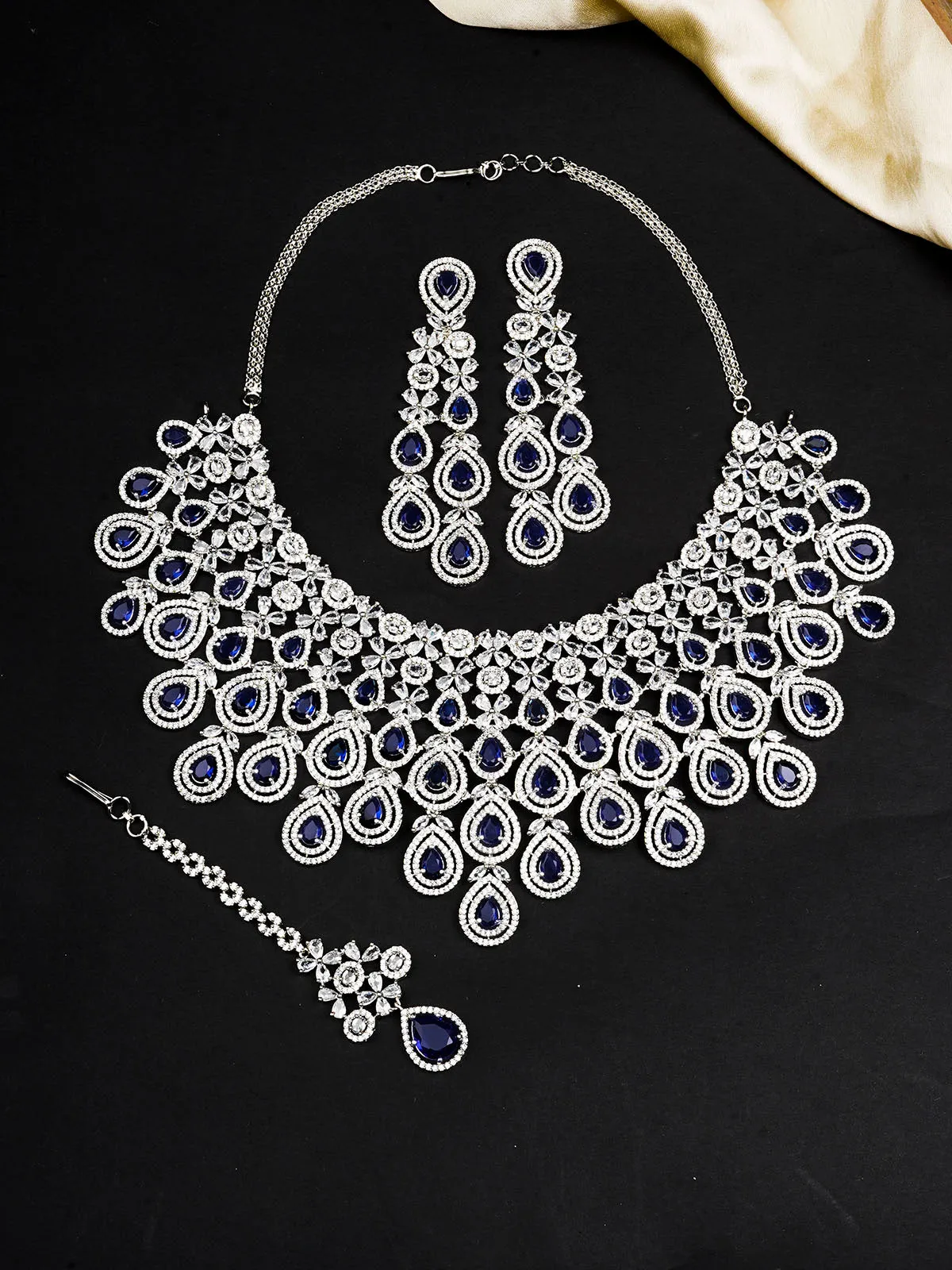 Blue Color Silver Plated Faux Diamond Bridal Necklace Set - CZSET322BL