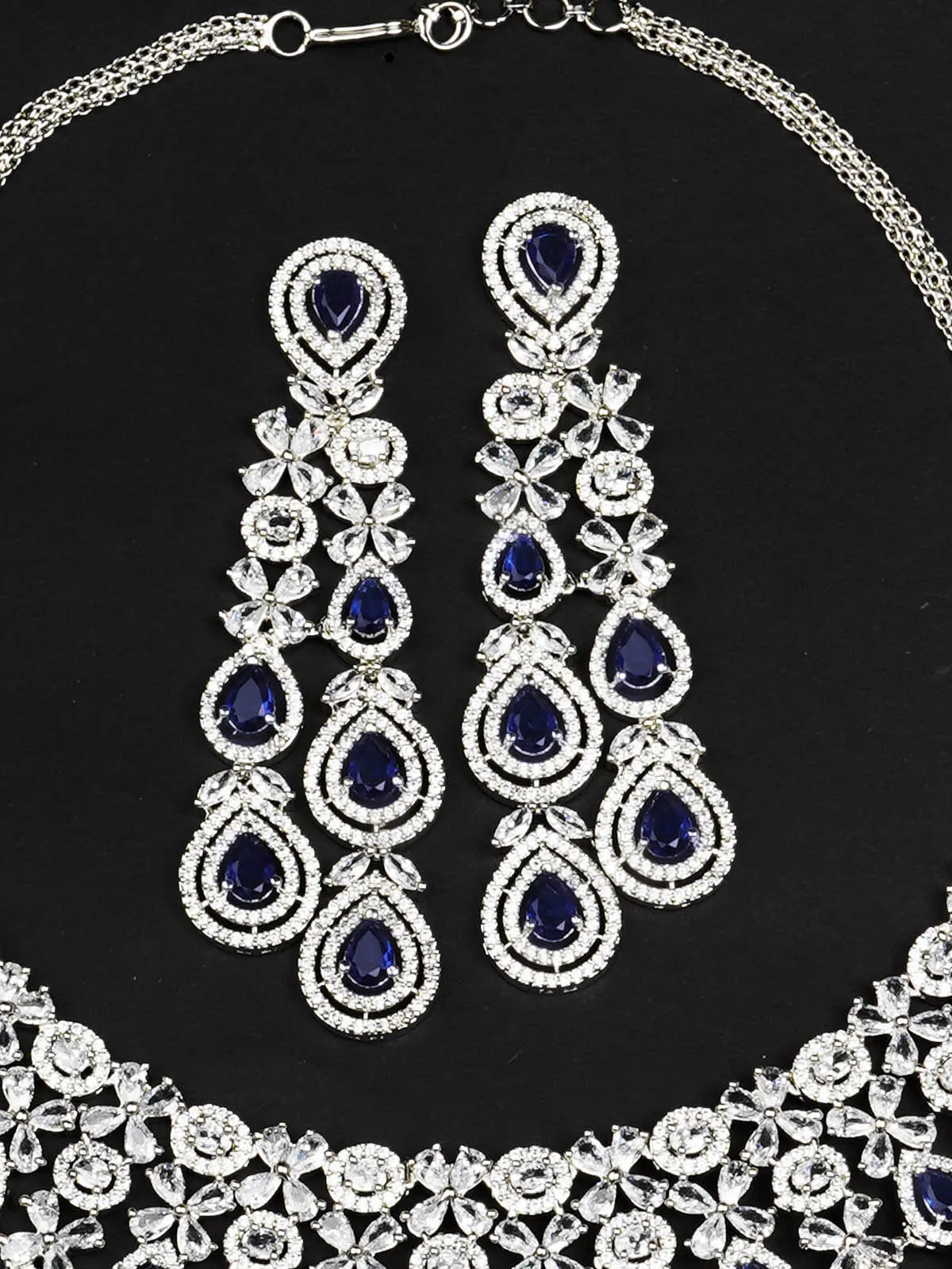 Blue Color Silver Plated Faux Diamond Bridal Necklace Set - CZSET322BL