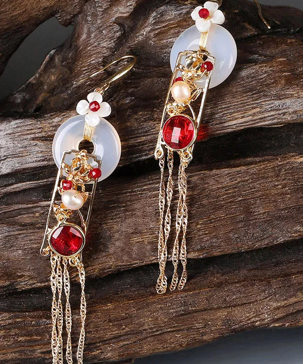 Boho White Copper Jade Agate Pearl Tassel Drop Earrings LY2014