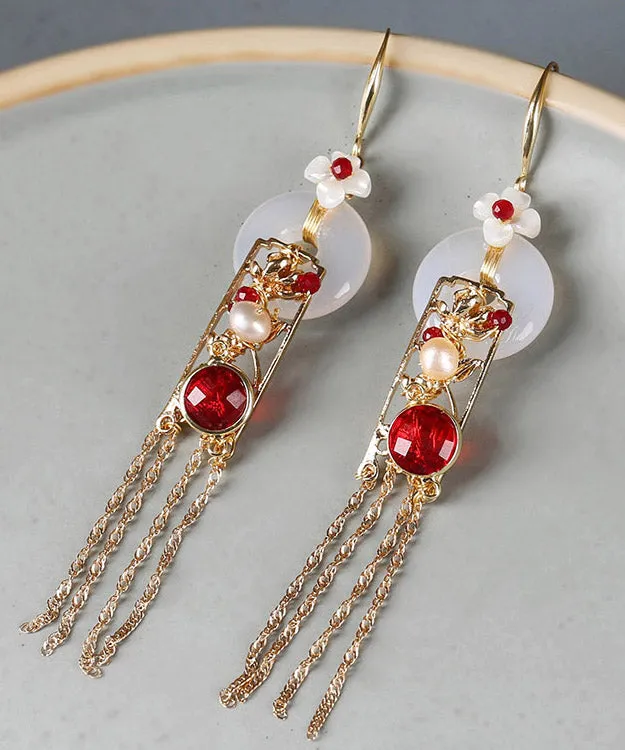 Boho White Copper Jade Agate Pearl Tassel Drop Earrings LY2014