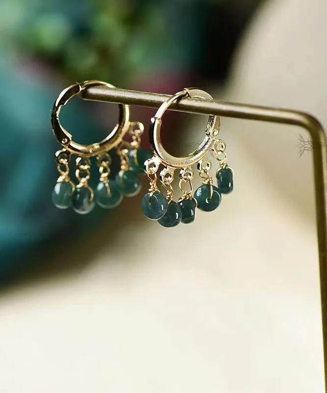 Boutique Blue Jade Tassel 14K Hoop Earrings LY9156