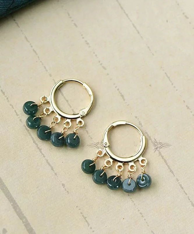 Boutique Blue Jade Tassel 14K Hoop Earrings LY9156