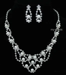 Bridal Faux Pearl Crystal Necklace Earrings Set XS1162