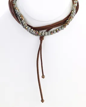 Brown Leather Choker Necklace with Olive Beads