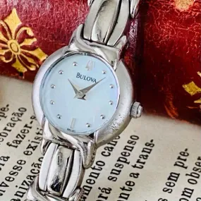 Bulova Mother of Pearl Quartz Watch Women Vintage Bracelet Cocktail Watch Crystal