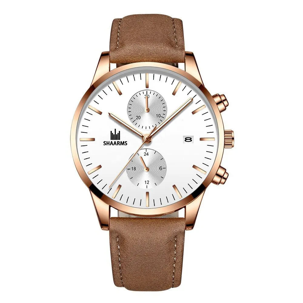 Business Men's Watch Simple Fake Eyes with Calendar Quartz Leather-Belt Watch Men's