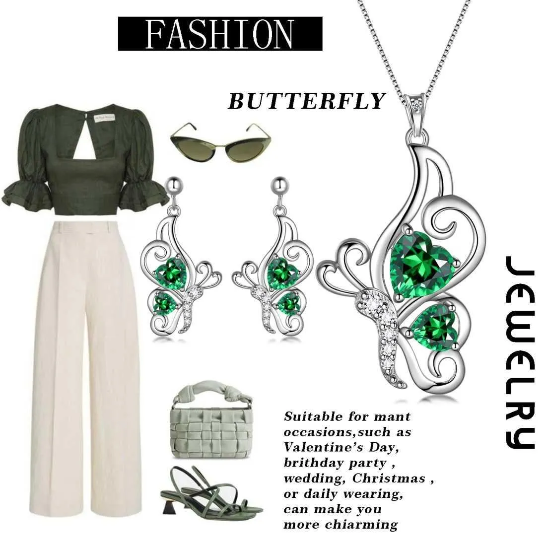 Butterfly Birthstone May Emerald Jewelry Set 3PCS Women Girls Birthday Gift