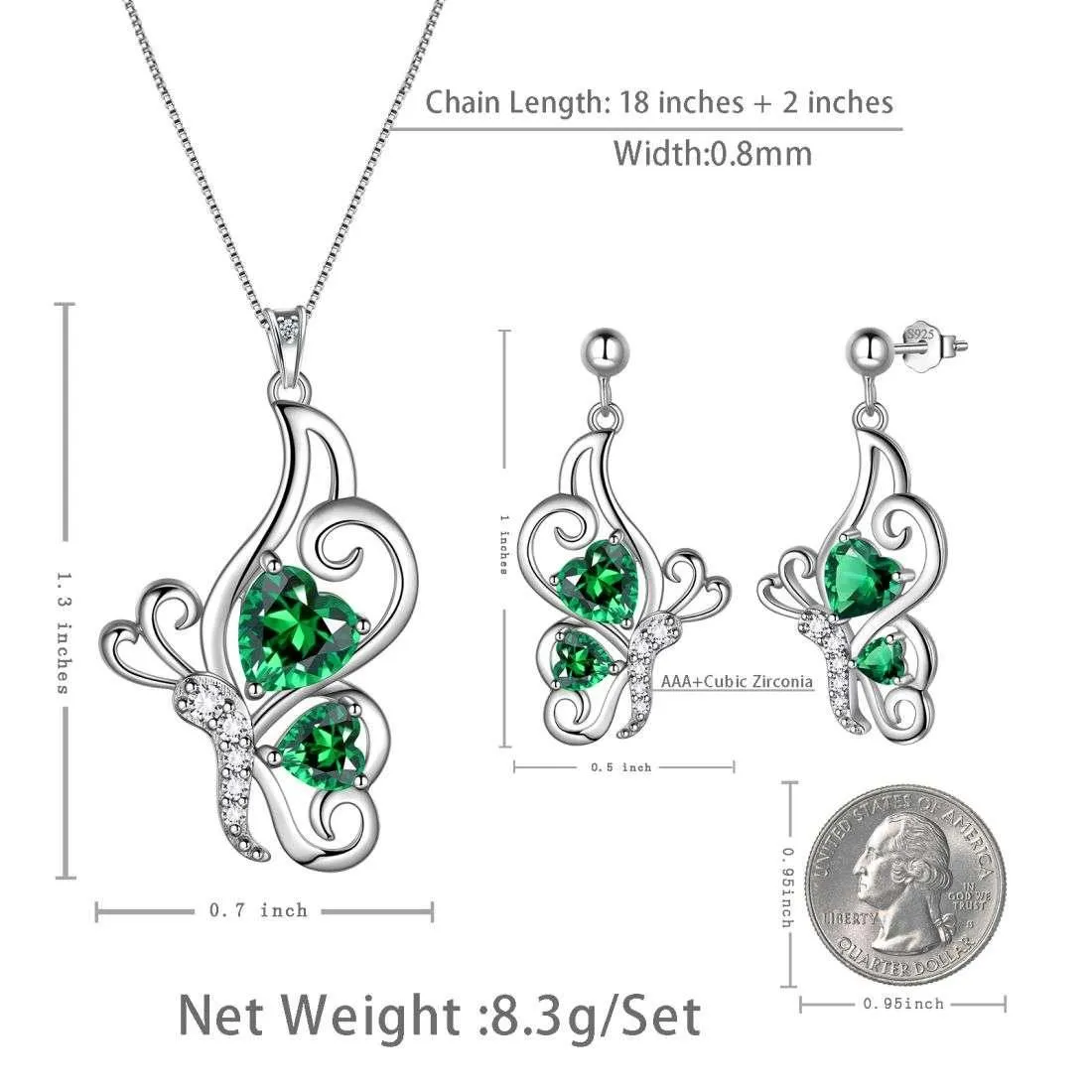 Butterfly Birthstone May Emerald Jewelry Set 3PCS Women Girls Birthday Gift