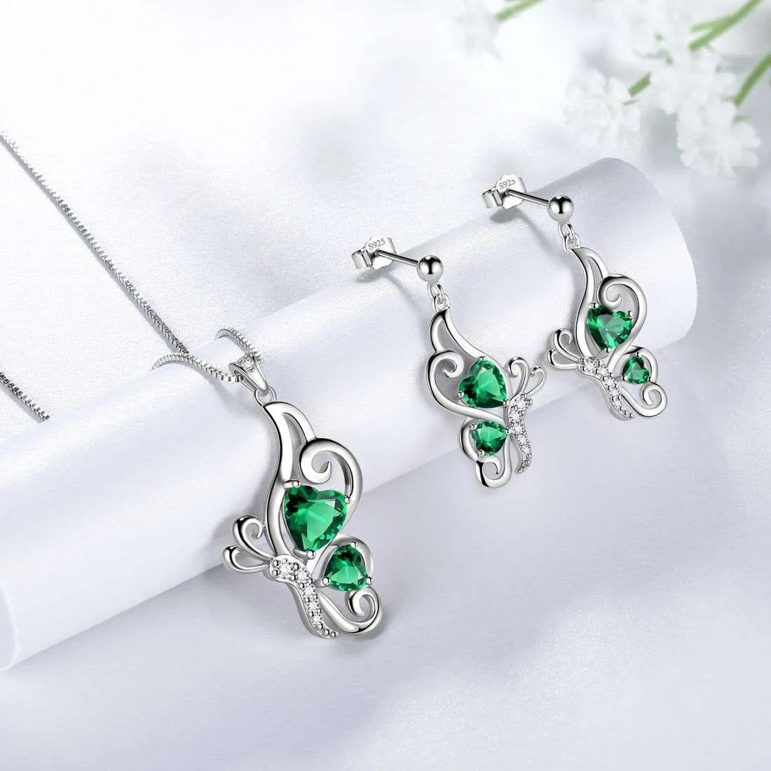 Butterfly Birthstone May Emerald Jewelry Set 3PCS Women Girls Birthday Gift