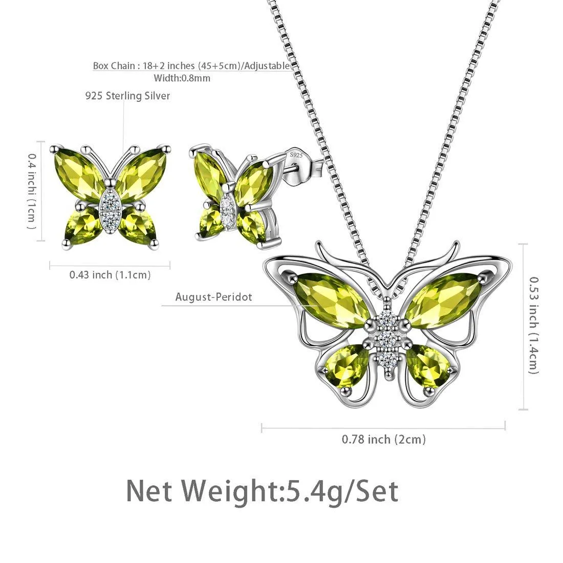 Butterfly Jewelry Set Birthstone August Peridot Women Girls Birthday Gift