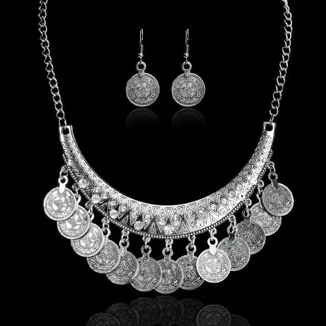 Carved Coins Bohemian Necklace and Earings Set --Antique Look