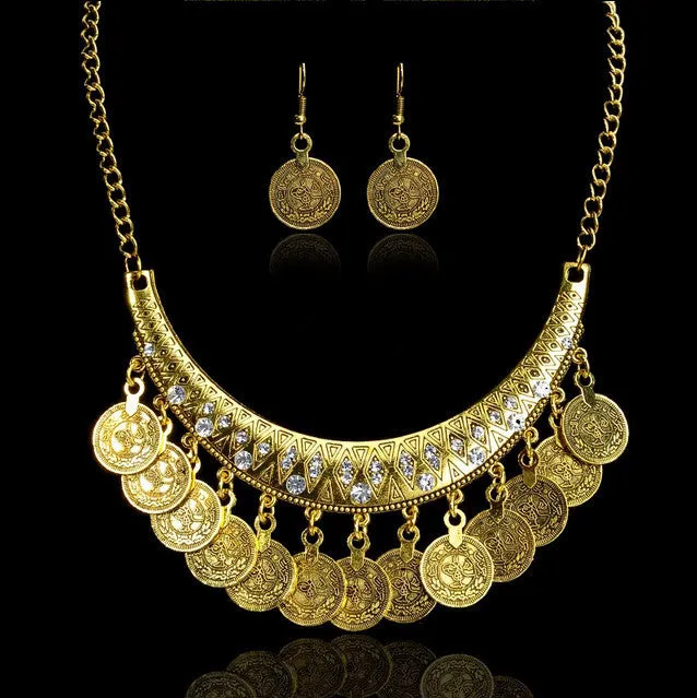 Carved Coins Bohemian Necklace and Earings Set --Antique Look