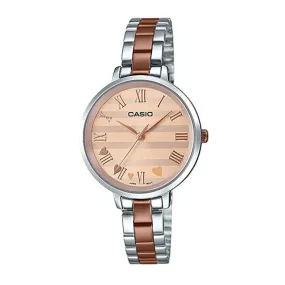 Casio Ladies' Analog Two Tone Rose Gold Ion Plated Stainless Steel Band Watch LTPE160RG-9A LTP-E160RG-9A