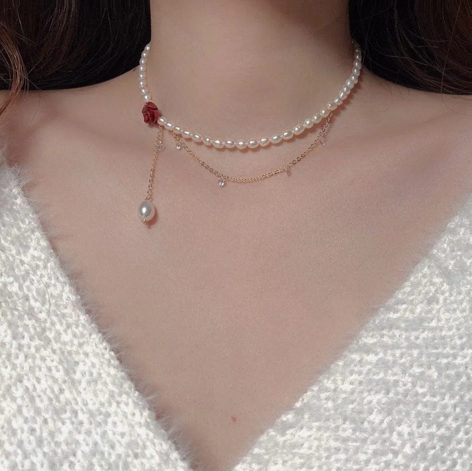 Charming Rhinestone Tassel Rose Pearl Chain Choker Necklace