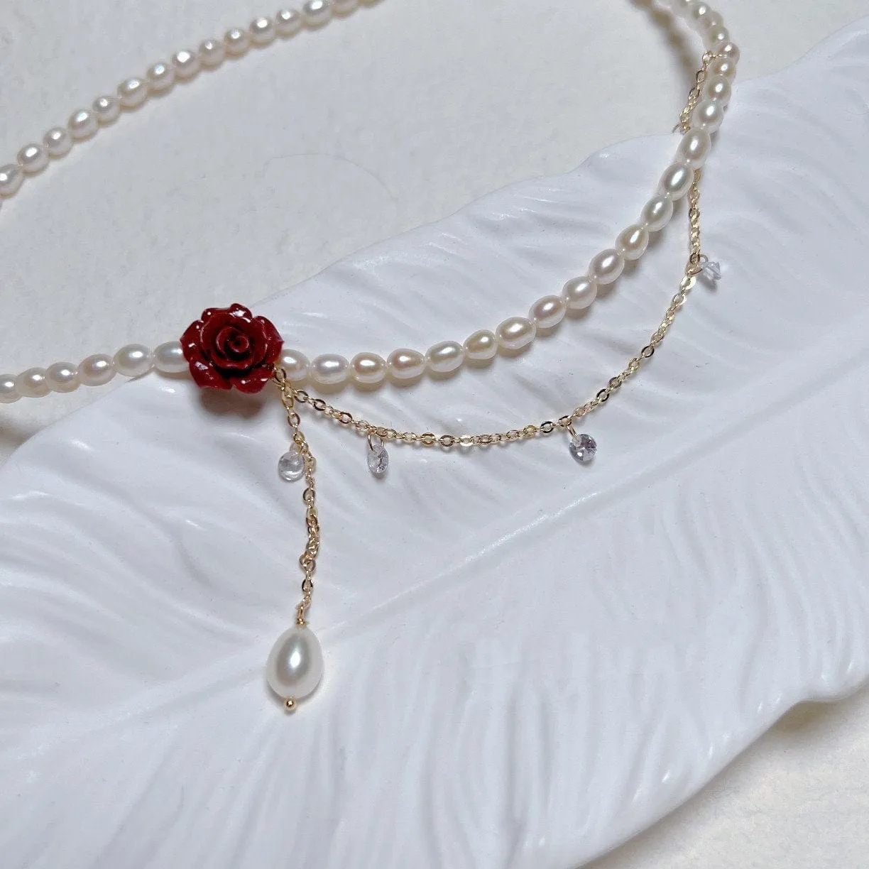 Charming Rhinestone Tassel Rose Pearl Chain Choker Necklace