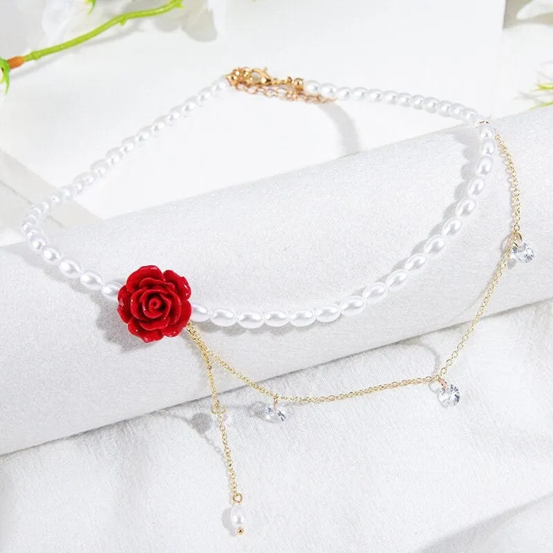 Charming Rhinestone Tassel Rose Pearl Chain Choker Necklace